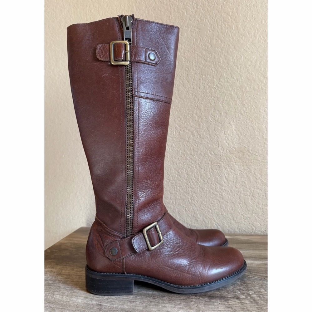 Gillio Buckle Tall Brown Leather Boots Women’s 7.5 Side Zipper